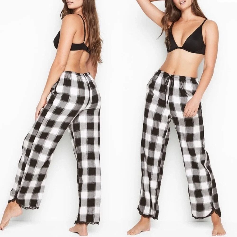 Victoria's Secret Black White Metallic Plaid Preppy Loungewear Pajama Pants S